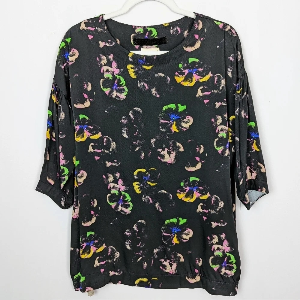 MOMONI XS Italy Silk Viscous Top Blouse Painted Floral Pattern Oversized Boxy